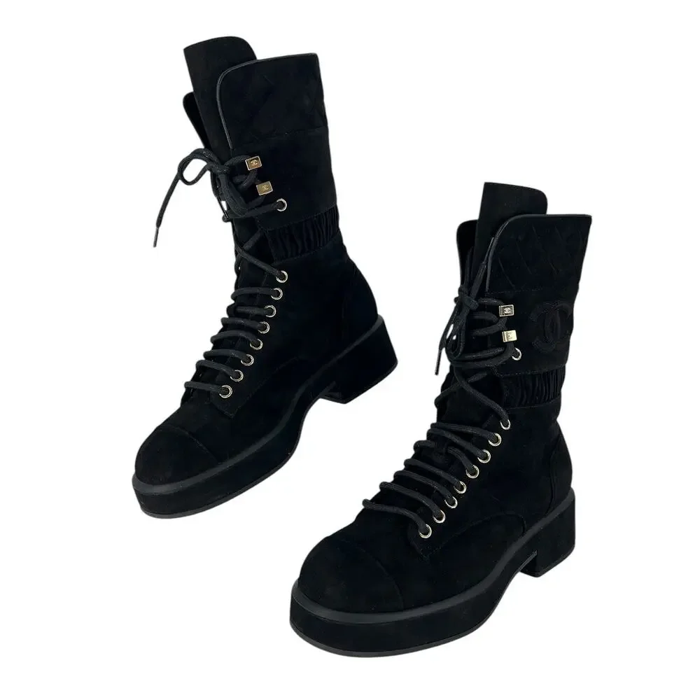 Chanel CC Suede Quilted Lace Up Combat Cap Toe Boots in Black